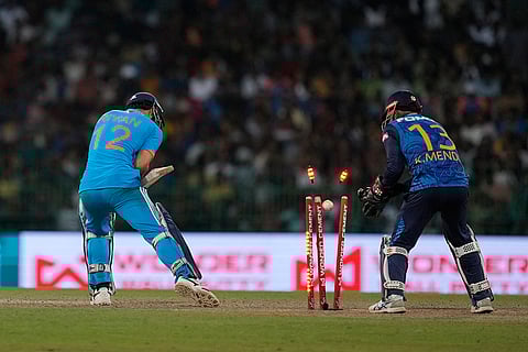 Riyan Parag is bowled out during the third ODI against Sri Lanka